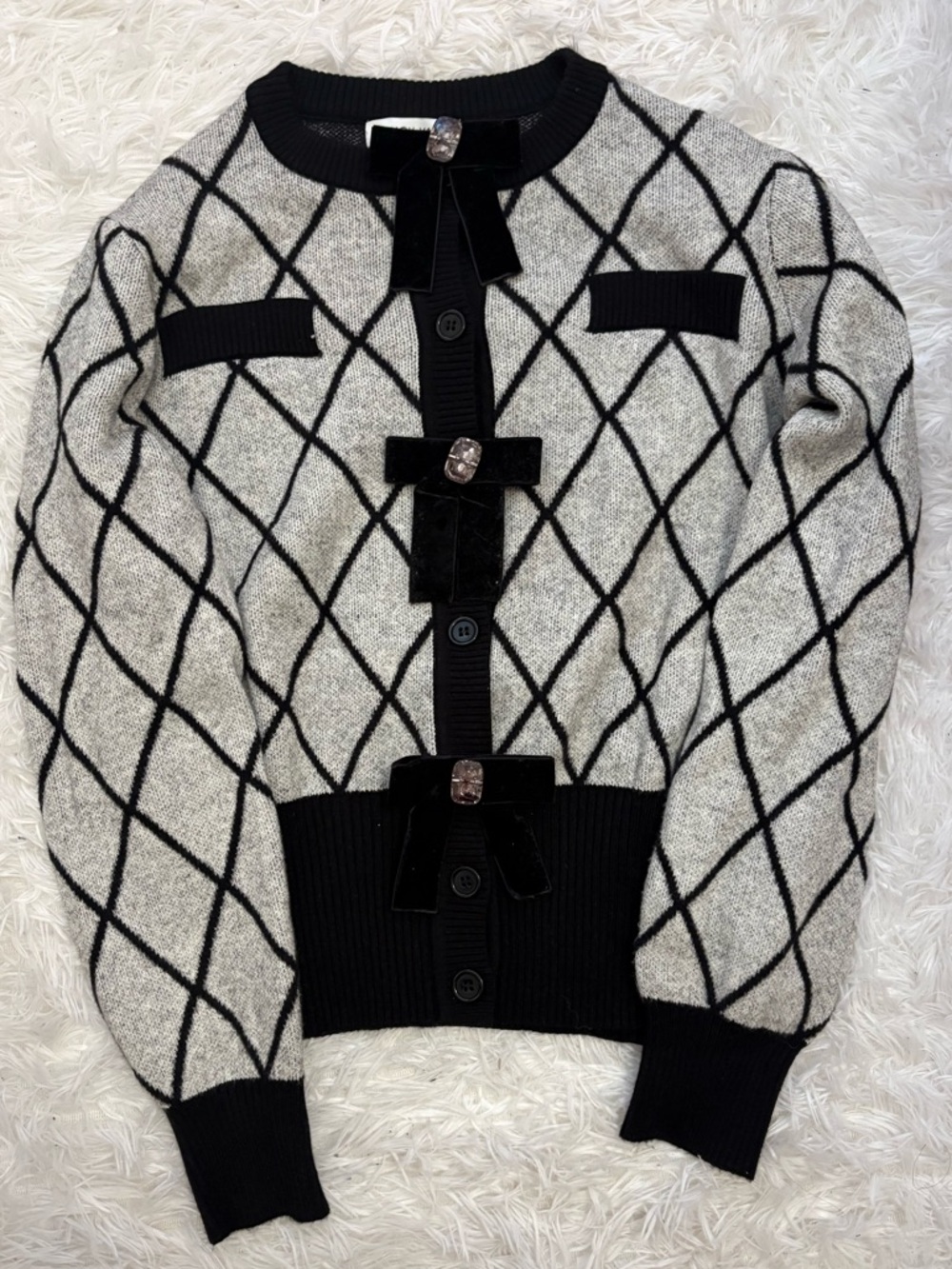 Nancy Yang Black & Grey Diamond Knit Cardigan Sweater